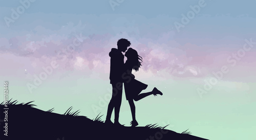 Silhouetted couple embracing on a hill under a soft watercolor sky