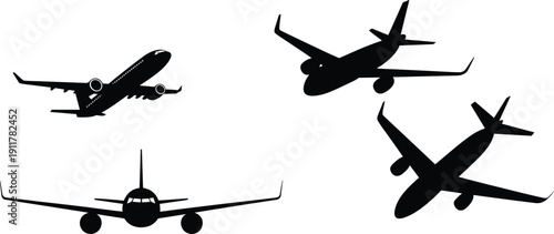 Four black airplane silhouettes in different orientations, descent, front view, and banking motion, isolated on white background, ideal for aviation, travel, and educational design projects.