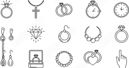 Luxury jewelry icons set, diamond rings, wedding bands, necklace, earrings, bracelet, watch, engagement symbols, minimalist line vector illustration, isolated, white background, collection