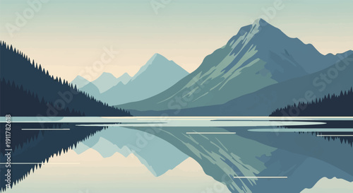 Serene mountain peaks reflected in calm lake waters under a pale sky