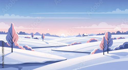 Serene winter landscape with snow-covered hills, trees, and a winding river at sunrise