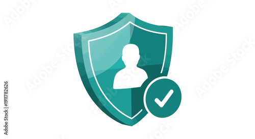 Secure user account verification icon featuring a teal shield with a profile silhouette and checkmark badge