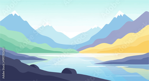 Serene mountain range reflected in a tranquil, calm lake with a soft sky