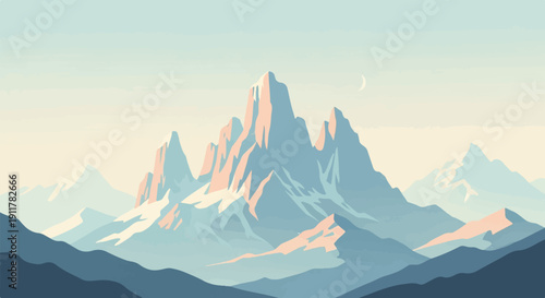 Serene mountain range with a crescent moon in a pastel sky