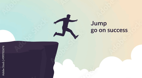 Silhouette of person leaping off cliff towards success with text