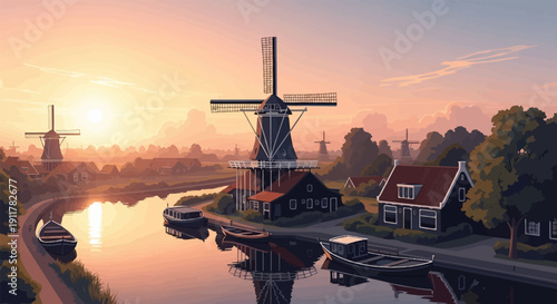 Scenic rural landscape with windmills, boats, and houses at sunset