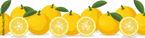 Row of bright yellow citrus fruits, some whole, some sliced