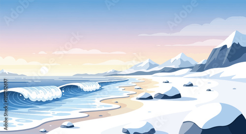 Serene winter beach with snowy mountains and gentle waves at sunrise