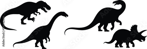 Four black dinosaur silhouettes including Tyrannosaurus rex, Sauropod, and Triceratops, isolated on white background, perfect for prehistoric, educational, decorative, and design projects.