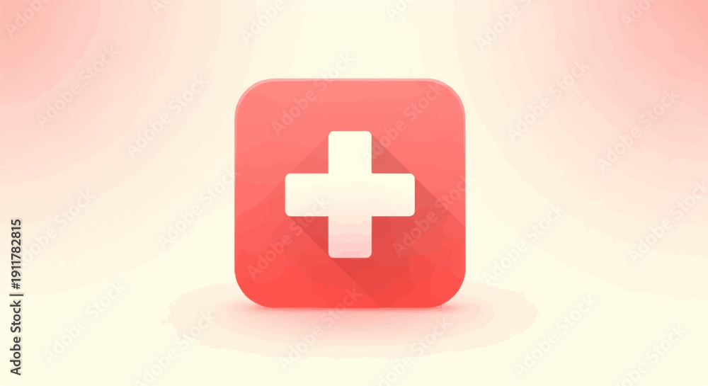 Fototapeta premium Red and white plus sign inside a rounded square, casting a shadow