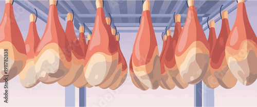Row of cured meat legs hanging from a metal rack in a storage area