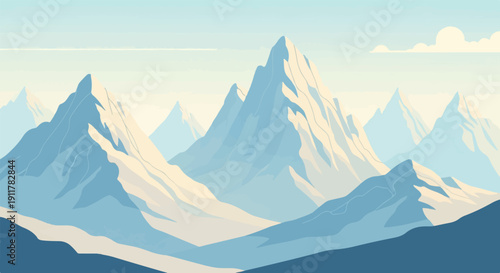 Serene mountain range with snow-capped peaks under a pale sky