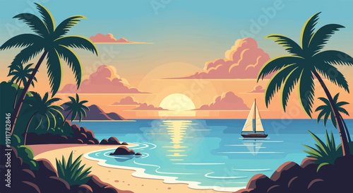 Serene tropical beach scene with a sailboat at sunset