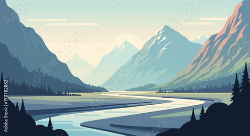 Serene mountain valley with a winding river and distant snow-capped peaks