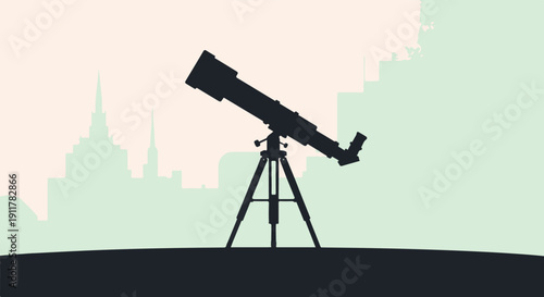 Silhouette of a telescope pointed towards abstract cityscape against a pastel sky