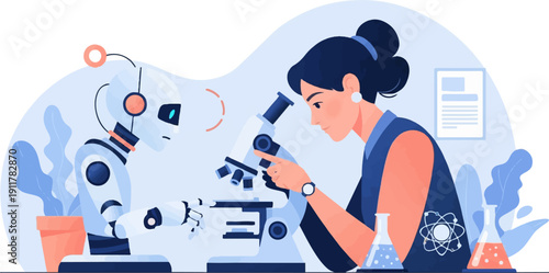 Scientist and robot collaborate in lab with microscope and beakers