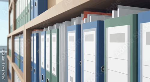 Rows of colorful binders on a light wood bookshelf, organized alphabetically