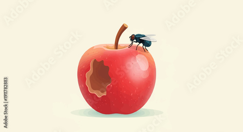 Red apple with bite mark and fly on white background