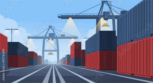 Rows of stacked cargo containers await transport at a busy shipping yard