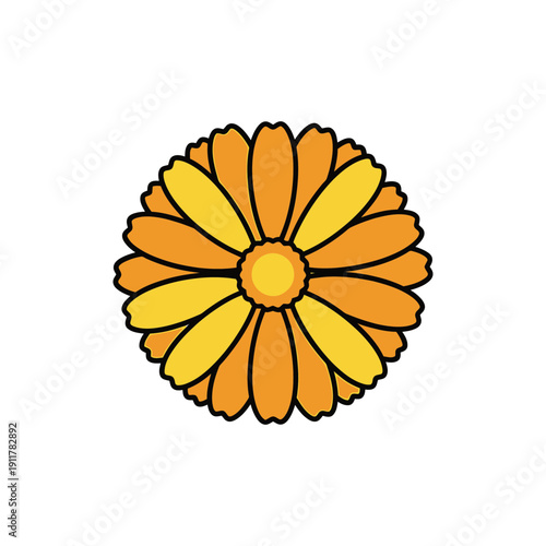 Calendula Flower with Detailed Petals and Bold Outlines, Flat Vector Floral Illustration, Decorative Bloom