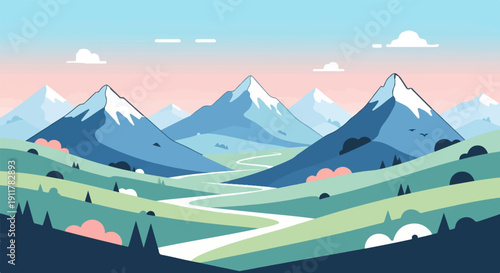 Serene mountain valley with winding river and soft clouds at dawn