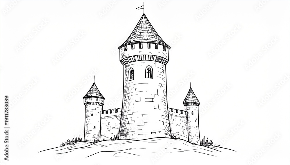Obraz premium Detailed Sketch of a Medieval Castle with Towers.