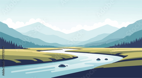 Serene river winds through valley with layered mountains and distant trees
