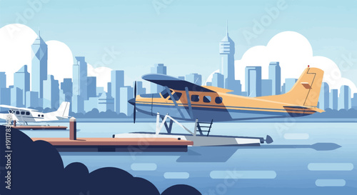 Seaplanes at a dock with a city skyline in the background