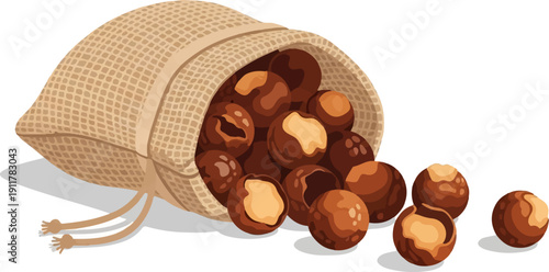 Rustic burlap sack spilling delicious round nuts onto a white surface