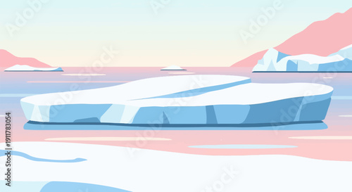 Serene arctic landscape with icebergs floating on pastel colored water