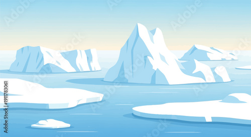 Serene arctic scene with floating icebergs under a soft gradient sky