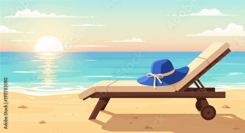 Serene beach scene with a blue hat on a chaise lounge at sunset
