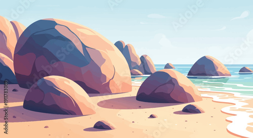 Serene pixelated seascape with large rocks and gentle waves