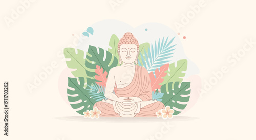 Serene Buddha meditating amidst lush tropical foliage and delicate flowers