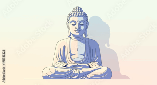 Serene Buddha statue in meditation pose against a soft, gradient sky