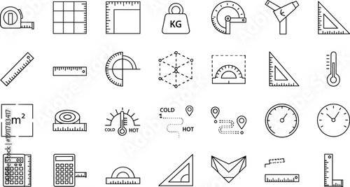 Measurement and geometry line icon set featuring rulers, protractors, tape measures, weighing scales, thermometers, set squares, calculators, and professional engineering drafting equipment symbols.