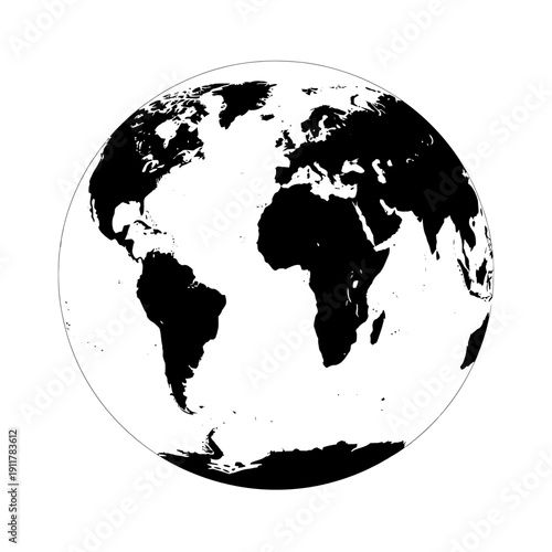 A black and white illustration of the earth with visible continents and oceans.