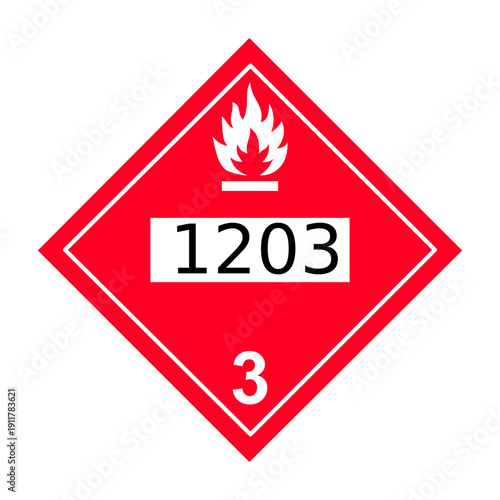 UN 1203 Flammable Liquid Class 3 Placard. Gasoline Hazardous Material Transportation Safety Sign.