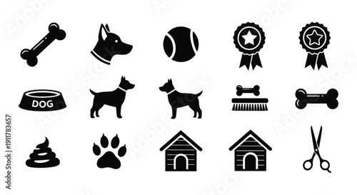 Collection of black silhouette icons representing various essential dog care items and animal services themes
