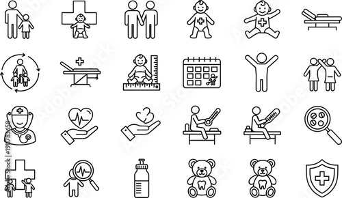 Medical healthcare maternity baby icons set, pediatric clinic symbols, child care hospital elements, pregnancy, newborn, vaccination, family health, wellness illustration collection