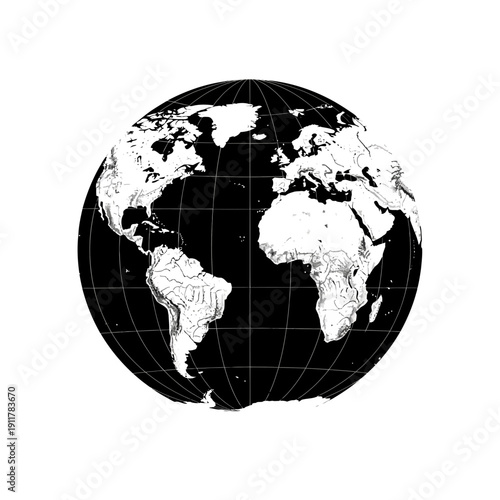 A detailed black and white globe showcasing the continents and oceans.