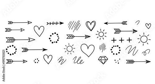 A collection of hand-drawn vector icons including arrows, hearts, suns, and symbols isolated on transparent background