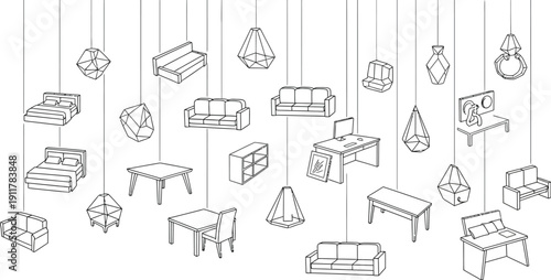 A collection of various household furniture items and decorative geometric terrariums are suspended from thin lines against a plain white background for interior design concepts.