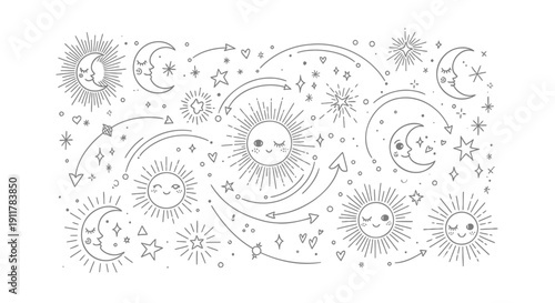 Vector illustration of smiling celestial bodies and stars in a whimsical pattern isolated on transparent background