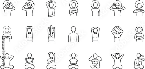 Meditation and relaxation exercise icons set, yoga stretching breathing posture symbols, mindfulness stress relief activities, healthy lifestyle and mental wellness, line style vector illustration