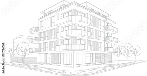Architectural line drawing depicts a modern, multi-story corner apartment building featuring multiple glass balconies and ground-level retail space.