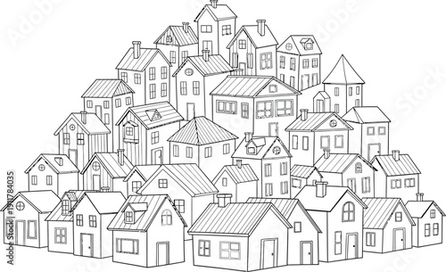 Numerous individual detached houses and residential buildings are tightly clustered together forming a dense, uneven mound shape.