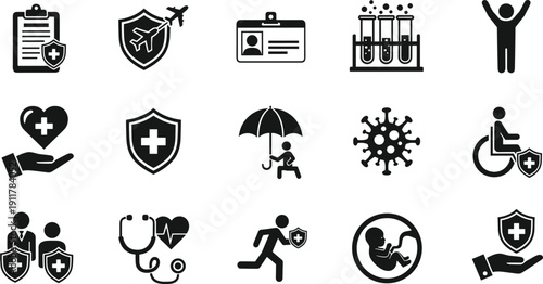 Medical and life insurance icon set featuring health coverage, travel protection, family safety, disability support, pregnancy care, medical research, and emergency assistance symbols, 20-24 words.