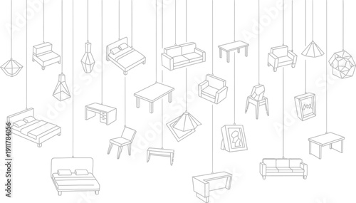Numerous isometric interior furniture items like sofas, beds, and tables hang suspended by thin lines against a white background for selection.