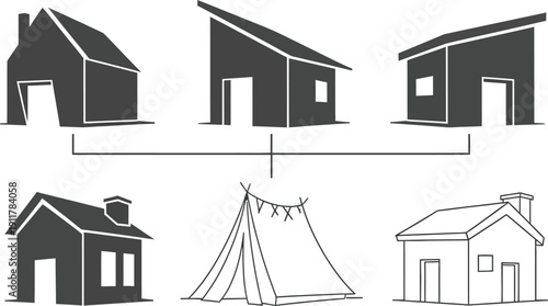 Various simplified house and tent structure icons are displayed in a comparative layout against a white background for design reference.